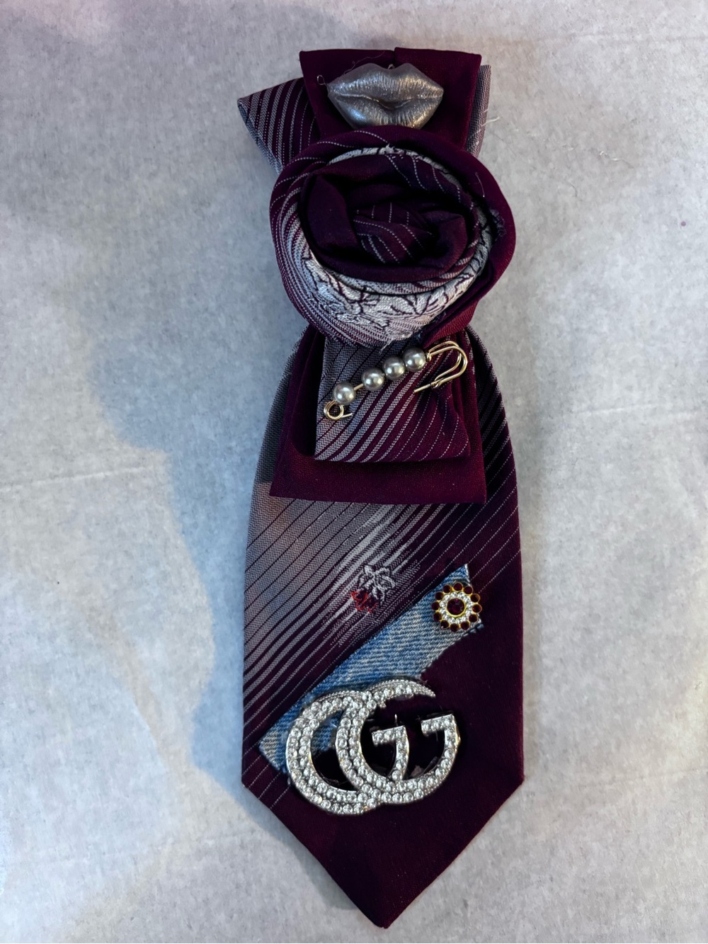 Upcycle women Burgundy Floral Accent Tie with Decorative Brooches